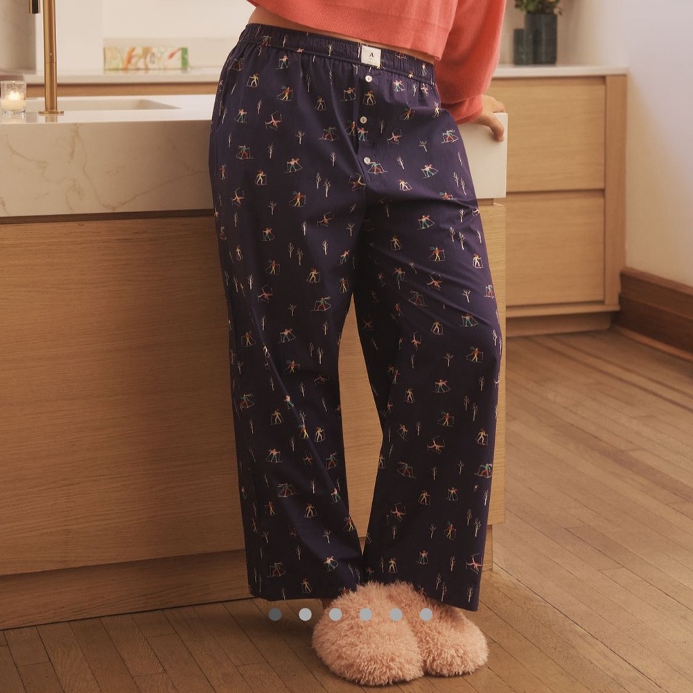 The Wren Boxer Pajama Pants by Anthropologie in Dark Blue Skier Christmas theme